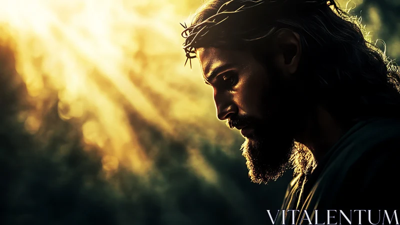 Crowned figure in golden backlight with contemplative profile.