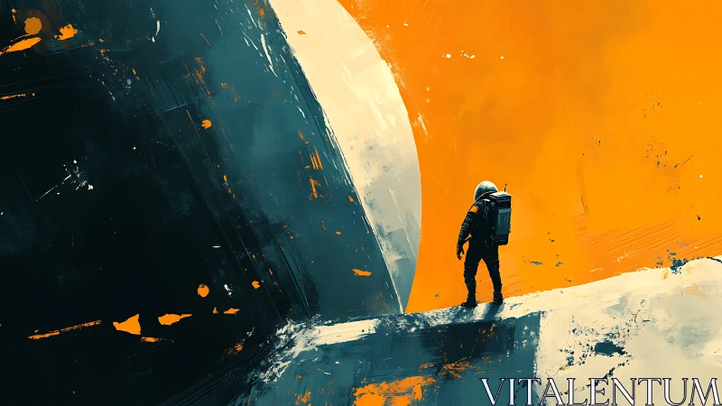 Concept art of lone astronaut on abstract alien ridge.