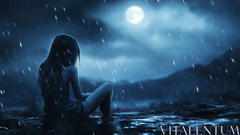 Backlit girl studies moonlit rainfall in high-contrast blue palette