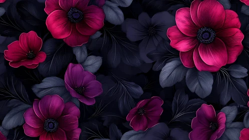 Magenta Cosmos Blossoms Against Deep Indigo Foliage Pattern.