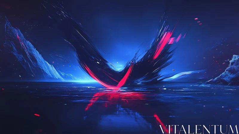 Abstract red energy arc over frozen blue landscape.