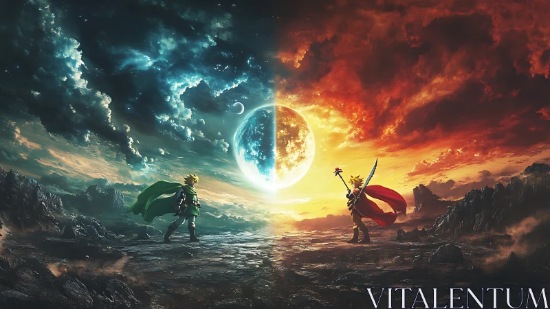 Opposed warriors under divided sky and central celestial body.