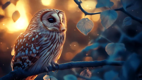 Majestic owl perched on tree branch at dusk in dreamy, soft focus.