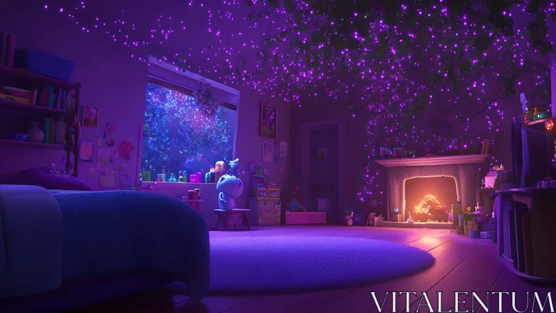 Cozy purple dream bedroom glowing with tiny night lights.