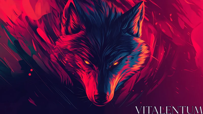 Neon wolf head in vivid red and blue digital flames.