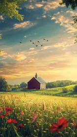 Sunlit rural barn in wildflower meadow under golden dusk sky