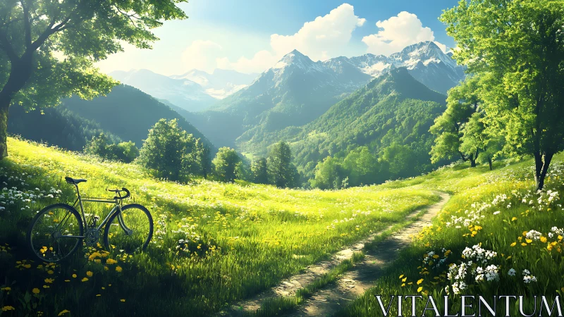 Mountain meadow path with bicycle under bright summer light.