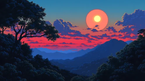 Spectral sunset over layered mountains and silhouetted canopy