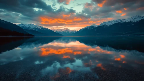 Snowy mountain lake at sunset with vivid sky reflection.