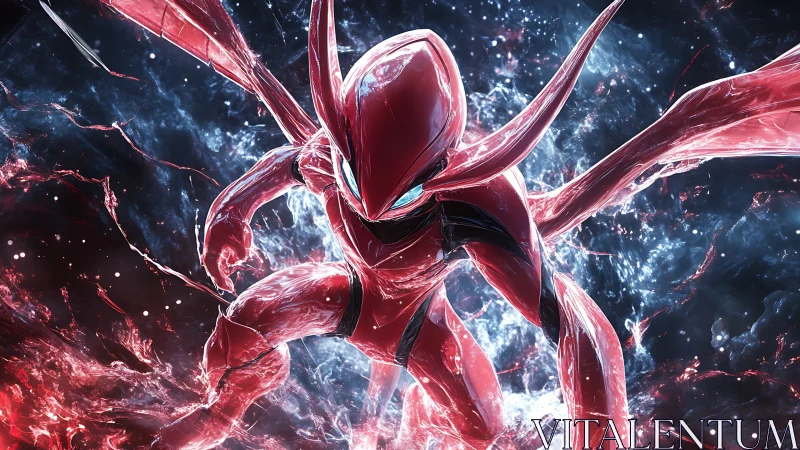 High-energy crystalline mech creature in cosmic impact field.