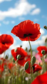 Radiant Red Poppies Blooming Under Azure Sky With Selective Focus.