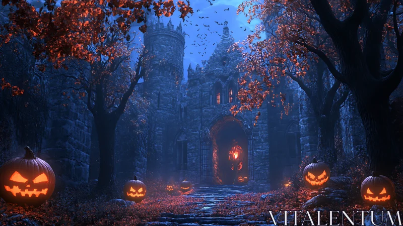 Gothic castle entryway illuminated by carved jack o lantern array