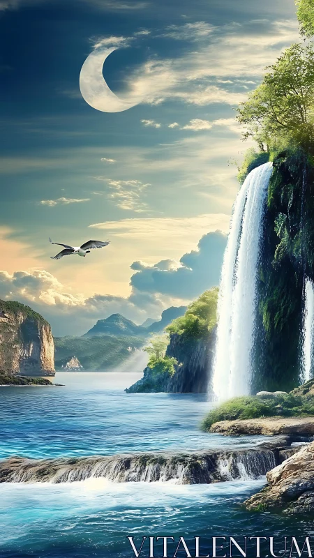 Coastal waterfall, crescent moon, cliffs and distant hills.