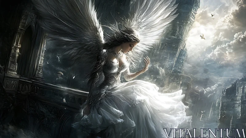Winged female figure amid ruined sky city in light.