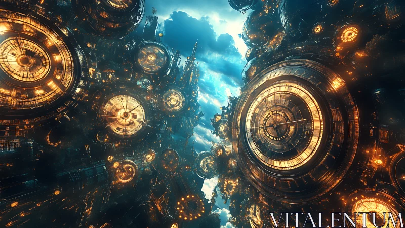 Clockwork nebula of luminous gears in skybound cityscape.
