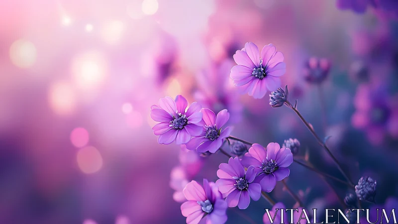 Purple Daisy Flowers Blooming in Soft Bokeh Garden.