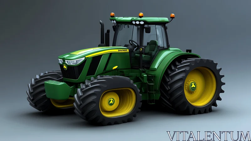 High-fidelity 3D render of articulated green agricultural tractor.