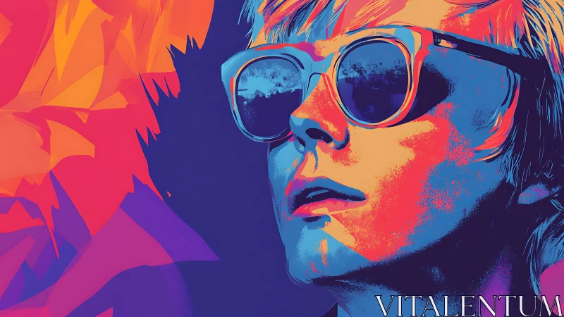 Neon portrait of sunglasses wearer in bold duotone pop palette.