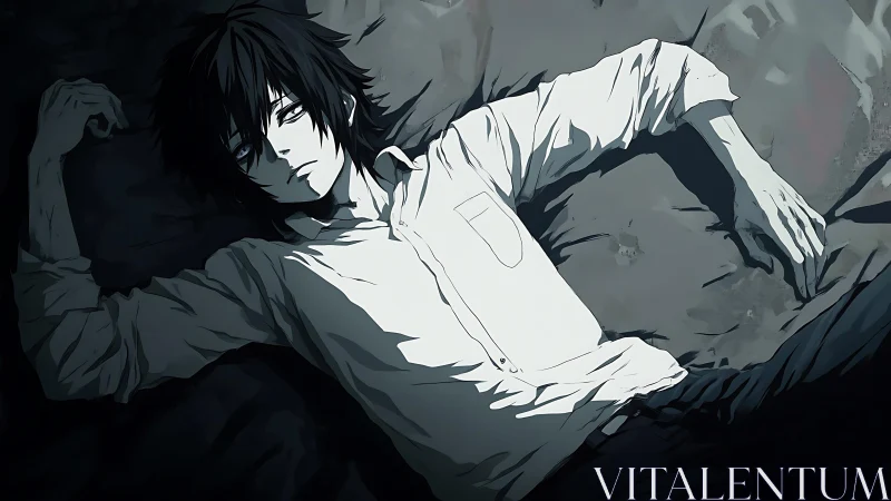 Melancholic anime male reclines in chiaroscuro bedscape