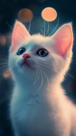 Luminescent White Cat with Neon Eyes Against Cosmic Backdrop.