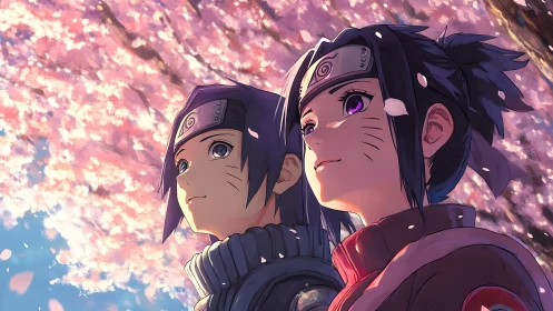 Anime duo under luminous sakura canopy in warm rim lighting