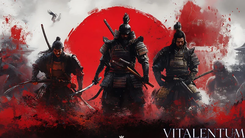 Three armored samurai warriors before red rising sun emblem.