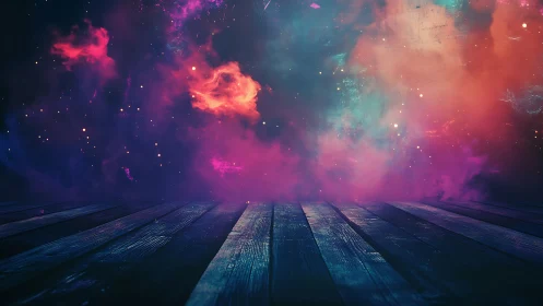 Nebula stageboards wait for stories under cosmic smoke