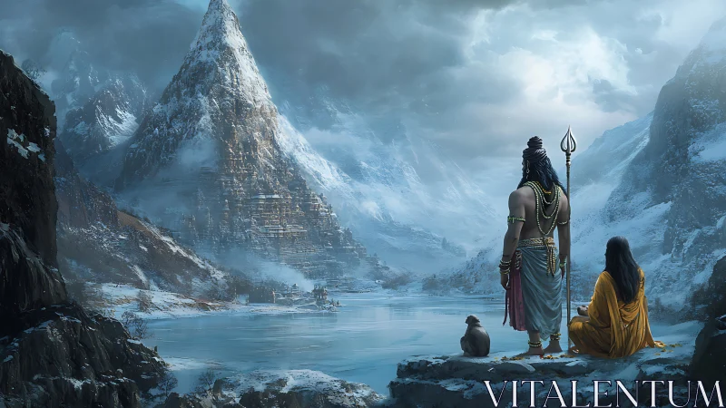 Mythic figures survey glacial valley with pyramidal ice peak