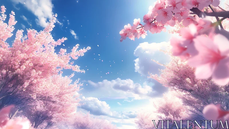 Sunlit cherry blossoms frame bright spring sky in bloom