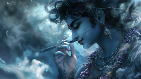 Blue divine flutist emerges through swirling ethereal mist
