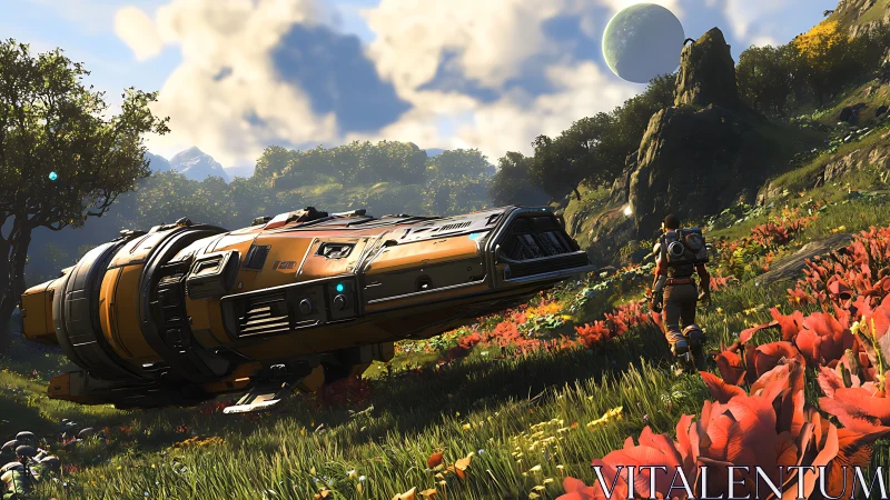 Starbound wanderer strolls past a grounded amber starship