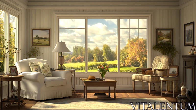 Sunlit sitting room quietly borrows the glow of autumn hills