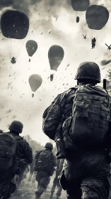 Monochrome wartime paratrooper advance in dynamic vertical frame.
