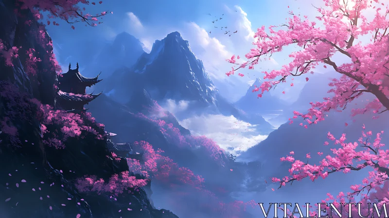 Pink blossom valley surrounds misty mountains and temple