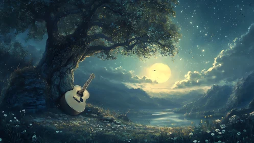 Moonlit guitar rests beneath an ancient tree in dreamy valley