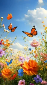 Monarch Butterflies Dancing Above Wildflower Meadow.