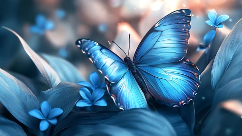 Shimmering blue butterfly rests gently among soft petals