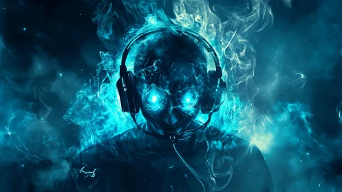 Cybernetic gamer silhouette burns through electric smoke.