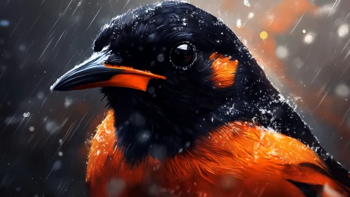 Close-up of Vibrant Orange and Black Bird in Winter Rain, Realistic Art.