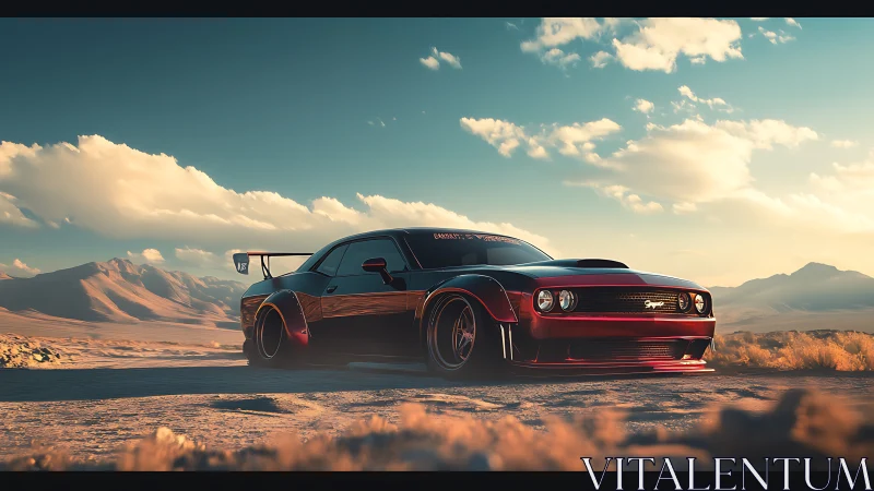 Widebody red muscle car in cinematic desert sunset landscape
