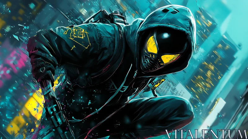 Cybernetic vigilante crouches above neon drenched cityscape