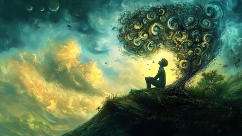 Silhouette under swirling dreamlike tree on hill at dusk.