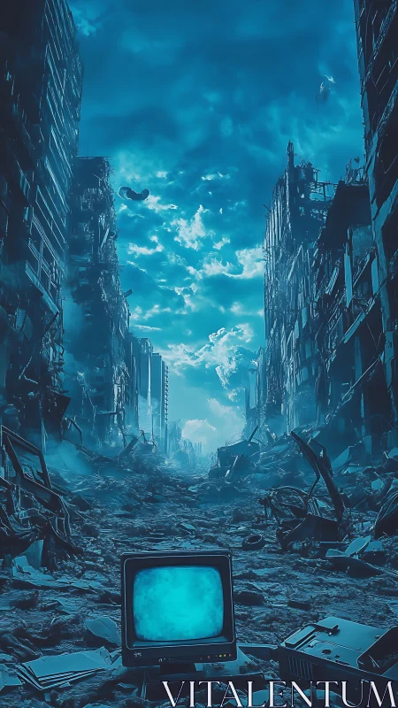 CRT monitor glows amid cyberpunk post-apocalyptic ruins