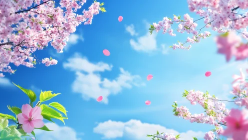 Cherry Blossoms Under Blue Sky with Falling Petals
