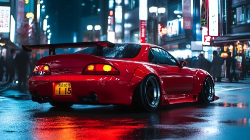 Red tuned sports car on neon city street at night.