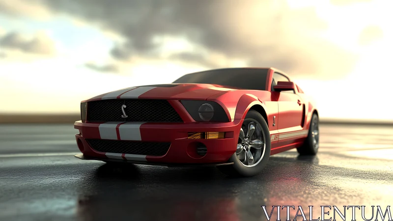 Parametric-rendered red muscle coupe under reflective wet asphalt.