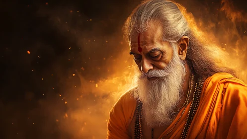 Elderly sage bows in glowing saffron light of inner peace