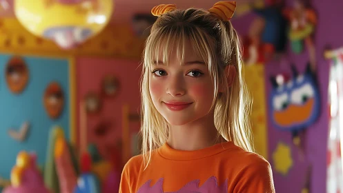 Sunlit kidcore dreamer in a candy-bright cartoon bedroom.