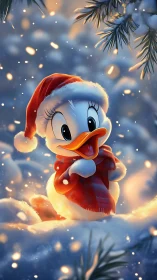Cartoon duck in red Santa hat within glowing winter snow