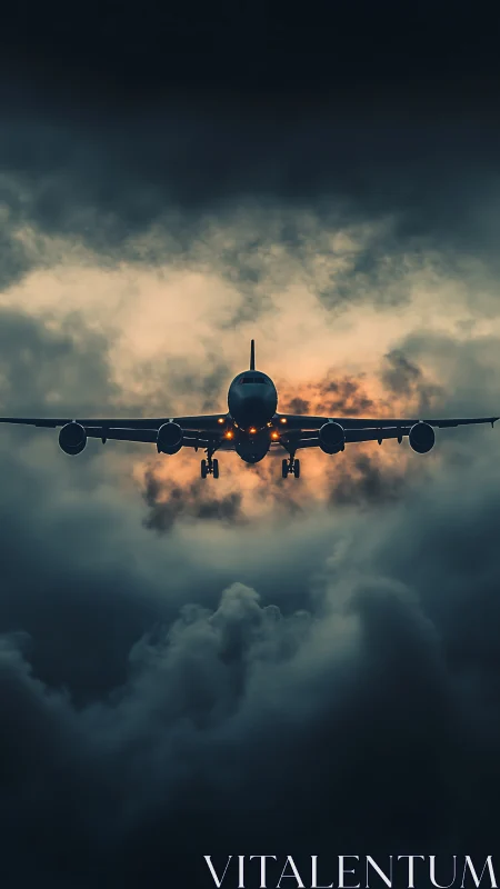 Widebody jet front view penetrates storm clouds with landing gear down